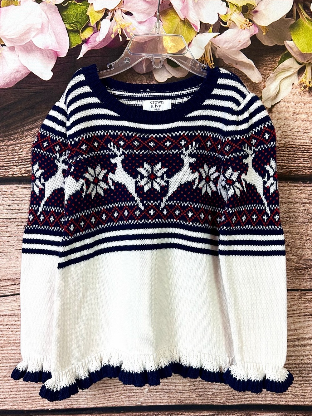 Crown & Ivy Toddler Boys Girls Cotton Blue White Fair Isle Deer Knit Sweater